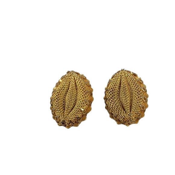 Continental Vintage Gold Tone Mesh Clip On Earrings Oval Shaped Ladies Costume - Picture 2 of 7